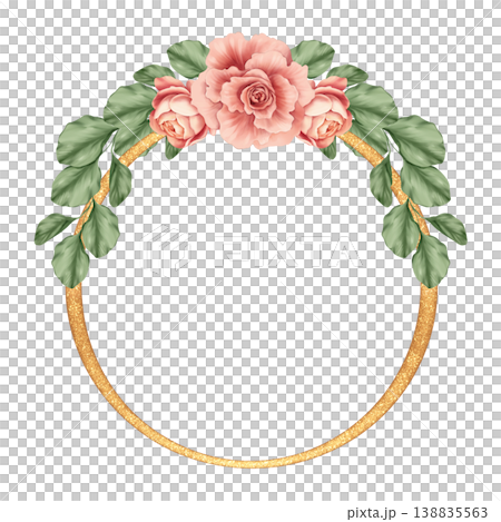 Elegant round golden glitter frame wreath decorated with hand drawn pink roses and green leaves. Botanical floral aesthetic perfect for wedding invitations, minimal greeting cards, elegant logos or Elegant round golden glitter frame wreath decorated with hand drawn pink roses and green leaves. Botanical floral aesthetic perfect for wedding invitations, minimal greeting cards, elegant logos or 138835563