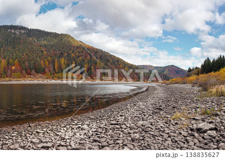 Calm lake with low water - round stones at shore visible, autumn coloured coniferous trees on other side, blue sky above Calm lake with low water - round stones at shore visible, autumn coloured coniferous trees on other side, blue sky above 138835627