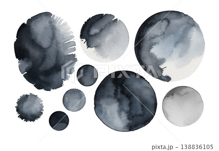 Watercolor ink stain abstract circle shapes monochrome gray wash texture organic fluid 138836105