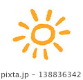 Doodle childish sun icon. Scribble yellow sun with rays symbol. Crayon funny children drawing. Hand drawn burst. Hot weather chalk sign. Vector illustration isolated on white background 138836342
