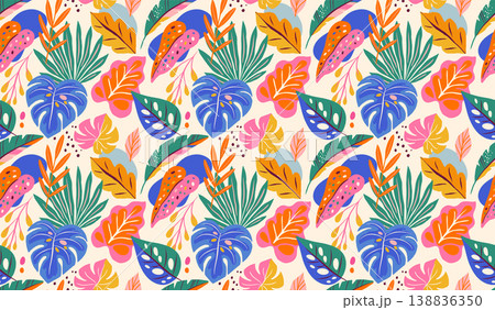 Exotic summer seamless pattern with colorful jungle leaves. Modern vector background. 138836350