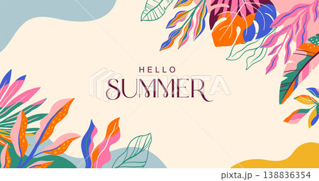 Exotic Hello Summer background with colorful jungle leaves. Modern tropical banner and poster vector 138836354
