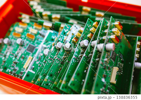 Closeup of Lot of Electronic Printed Circuit Boards with Lots of Surface Mounted Components. Horizontal Image Orientation. Closeup of Lot of Electronic Printed Circuit Boards with Lots of Surface Mounted Components. Horizontal Image Orientation. 138836355
