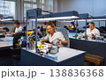 Women at their desks solder radio components to electronic boards. Factory for the production of electronic equipment. 138836368