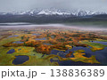 Altai mountains marshland with snowy peaks and fog 138836389