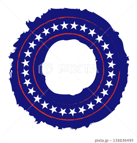 American patriotic grunge circular badge with stars and red stripes on blue brush stroke background American patriotic grunge circular badge with stars and red stripes on blue brush stroke background 138836495
