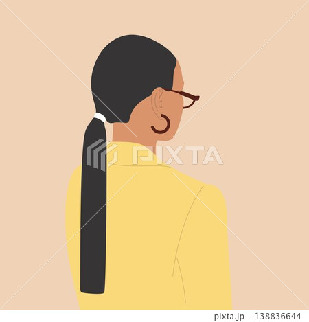 A woman in a oversized lemon-colored jacket with a long ponytail, stylish glasses and earrings. A woman in a oversized lemon-colored jacket with a long ponytail, stylish glasses and earrings. 138836644