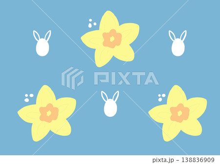 Turquoise background with rabbit silhouette and egg shape with ears surrounded by daffodil blossoms, seamless spring Easter pattern, holiday illustration with animal and floral motifs, home decor Turquoise background with rabbit silhouette and egg shape with ears surrounded by daffodil blossoms, seamless spring Easter pattern, holiday illustration with animal and floral motifs, home decor 138836909