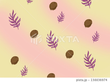 Yellow and pink gradient background with coconut and tropical leaves, exotic summer wallpaper design, botanical illustration style, ideal for phone wallpapers, fabric patterns, greeting card, vacation 138836974