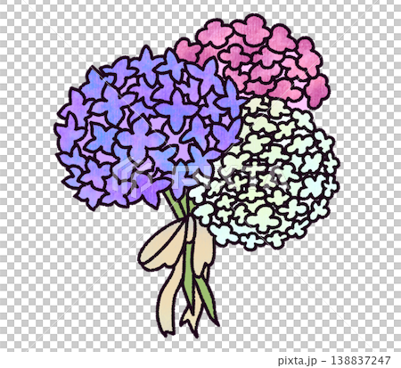 あじさいのブーケイラスト 紫・ピンク・白 梅雨 6月の花 手書き風 白背景 あじさいのブーケイラスト 紫・ピンク・白 梅雨 6月の花 手書き風 白背景 138837247