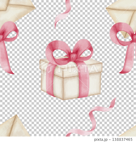 Seamless watercolor pattern of hand-drawn gift boxes with pink ribbons and vintage envelopes on white background, ideal for festive wrapping paper and greeting card designs, valentine day 138837465
