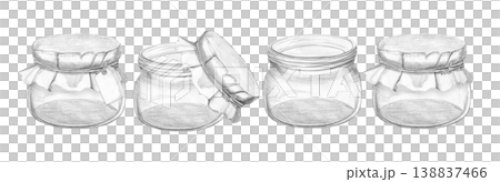 Set of hand-drawn pencil sketches featuring vintage glass jars with paper covers and tags, isolated on white background, for kitchen labels, jam packaging, and rustic craft designs Set of hand-drawn pencil sketches featuring vintage glass jars with paper covers and tags, isolated on white background, for kitchen labels, jam packaging, and rustic craft designs 138837466