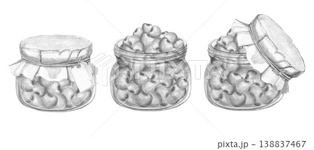 Hand-drawn monochrome pencil sketches set of vintage glass jars filled with cherries or berries, featuring paper lids and tags isolated on white background, for rustic kitchen, jam packaging design 138837467