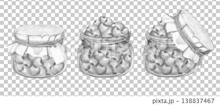 Hand-drawn monochrome pencil sketches set of vintage glass jars filled with cherries or berries, featuring paper lids and tags isolated on white background, for rustic kitchen, jam packaging design Hand-drawn monochrome pencil sketches set of vintage glass jars filled with cherries or berries, featuring paper lids and tags isolated on white background, for rustic kitchen, jam packaging design 138837467