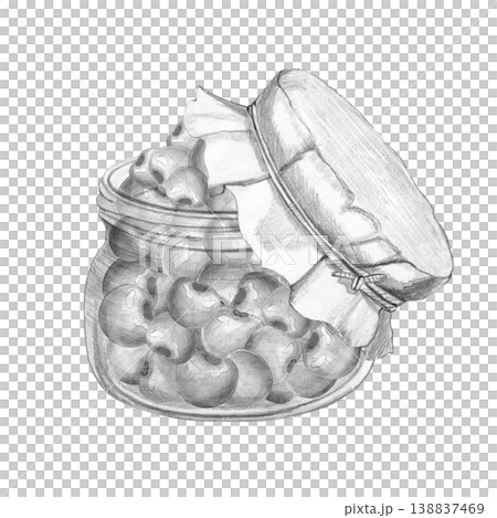 Detailed black and white pencil sketch of rustic glass jar overflowing with fresh cherries, featuring paper lid and twine, isolated on white background for jam labels and culinary design 138837469