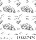 Seamless pattern of detailed pencil sketches of cherry pie slices and fresh botanical berry branches, perfect for rustic bakery branding, menus, and kitchen textile design 138837470