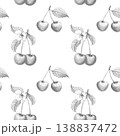 Seamless pattern with hand-drawn pencil sketches of fresh cherries on branches with leaves and blossoms, ideal for rustic orchard branding and organic food packaging design. White background. 138837472