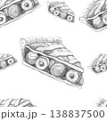 Seamless pattern of hand-drawn black and white pencil sketches of gourmet cherry pie slices, ideal for rustic bakery menus, kitchen cafe branding, and artisanal food packaging. White background 138837500