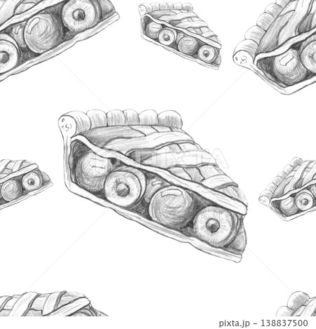Seamless pattern of hand-drawn black and white pencil sketches of gourmet cherry pie slices, ideal for rustic bakery menus, kitchen cafe branding, and artisanal food packaging. White background Seamless pattern of hand-drawn black and white pencil sketches of gourmet cherry pie slices, ideal for rustic bakery menus, kitchen cafe branding, and artisanal food packaging. White background 138837500