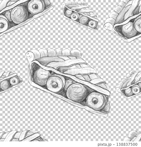 Seamless pattern of hand-drawn black and white pencil sketches of gourmet cherry pie slices, ideal for rustic bakery menus, kitchen cafe branding, and artisanal food packaging. White background Seamless pattern of hand-drawn black and white pencil sketches of gourmet cherry pie slices, ideal for rustic bakery menus, kitchen cafe branding, and artisanal food packaging. White background 138837500