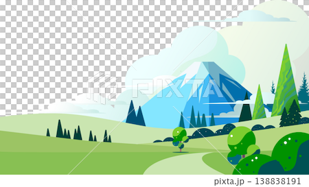 A flat design background featuring a landscape illustration of Mount Fuji and a grassland, with a blue sky and clouds, and space for copy. A flat design background featuring a landscape illustration of Mount Fuji and a grassland, with a blue sky and clouds, and space for copy. 138838191