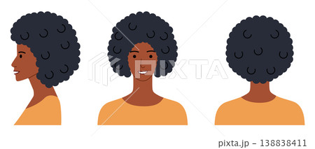 Afro hairstyle flat vector front back profile views, curly hair shape volume composition avatar, beauty app, interface Afro hairstyle flat vector front back profile views, curly hair shape volume composition avatar, beauty app, interface 138838411