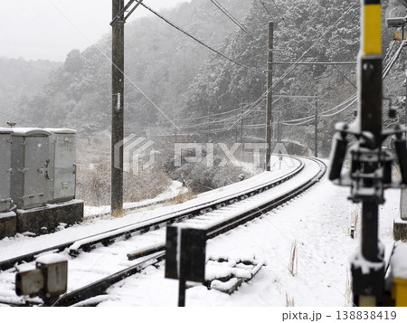 雪が積もる能勢電鉄妙見線の風景 138838419