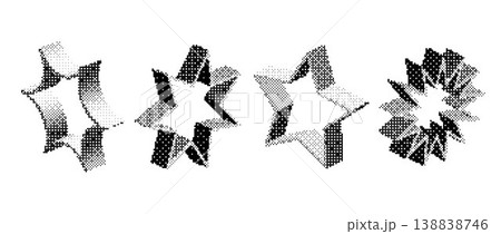 Bitmap halftone stars set. Pixelated star-shaped design element pack for banner, poster, leaflet, sticker, collage. Dither 3d rasterized shape collection. Retro Y2K 8 bit effect bundle. Vector 138838746