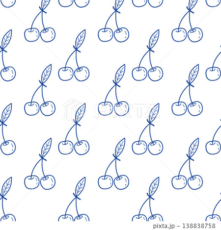 Cherry fruit seamless pattern blue line art doodle summer berry background for textile print Cherry fruit seamless pattern blue line art doodle summer berry background for textile print 138838758