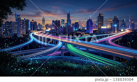 高級感のあるネオン高速道路と未来都市の景観背景 138839304