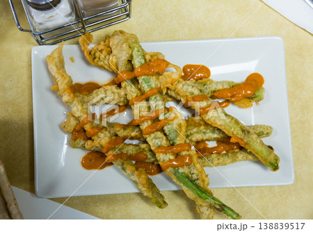 Asparagus fried in batter with romesco sauce Asparagus fried in batter with romesco sauce 138839517