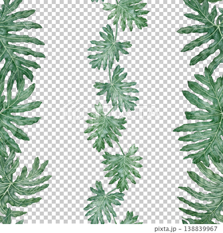Tropical leaves seamless pattern of Philodendron Selloum watercolor background. Hand drawn vertical striped green foliage with realistic plant texture. Nature indoor shrub garland for textile design. 138839967