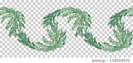 Tropical leaves seamless border of Philodendron Selloum watercolor botanical illustration. Hand drawn green foliage template with realistic plant texture. Nature indoor shrub garland for card design. 138839970