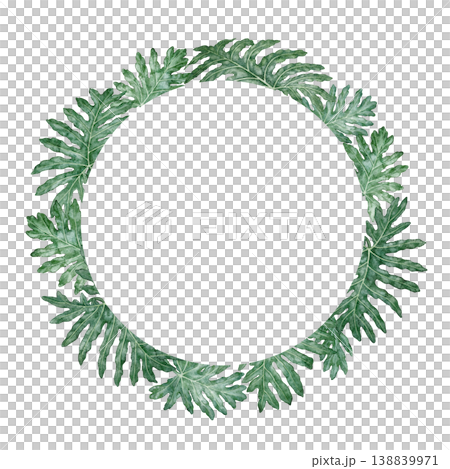 Watercolor tropical leaves round wreath. Hand drawn green foliage circle with detailed texture and realistic plant form. Floral design for garden card. Nature greenery template for botanical art. 138839971