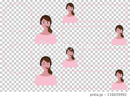 女性オペレーターの表情4種類と吹き出しのベクターイラスト素材セット（笑顔・泣く）ロングヘア・ピンク 138839992
