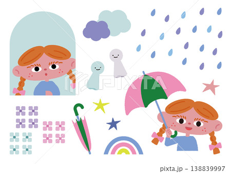 雨の日の女の子のベクターイラスト素材セット 138839997