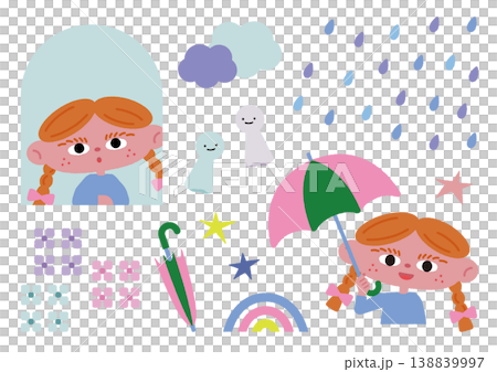雨の日の女の子のベクターイラスト素材セット 138839997
