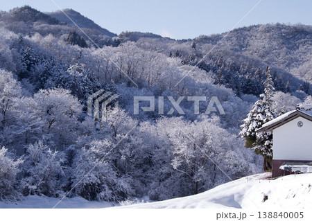 新雪の朝　冬の山里風景　冬の里山風景　木々に積もった新雪と民家 138840005