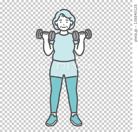 両手にダンベルを持ち笑顔で筋力トレーニングをしているぽっちゃり体型のシニア女性のイラスト 両手にダンベルを持ち笑顔で筋力トレーニングをしているぽっちゃり体型のシニア女性のイラスト 138840128