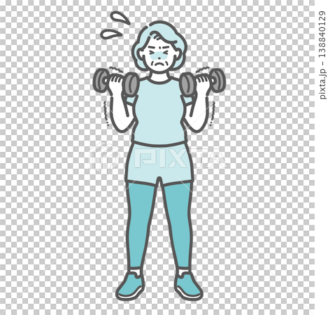 An illustration of a plump senior woman struggling to lift heavy dumbbells, sweating and with trembling arms. An illustration of a plump senior woman struggling to lift heavy dumbbells, sweating and with trembling arms. 138840129