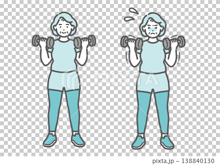 ダンベルトレーニングをするぽっちゃりシニア女性の比較セットイラスト ダンベルトレーニングをするぽっちゃりシニア女性の比較セットイラスト 138840130