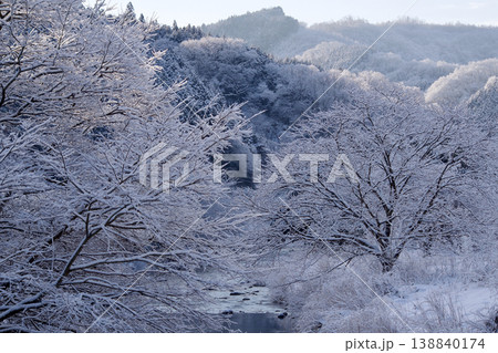 新雪の朝 川沿いの山里風景雪景色 木々に積もった新雪と川 新雪の朝 川沿いの山里風景雪景色 木々に積もった新雪と川 138840174