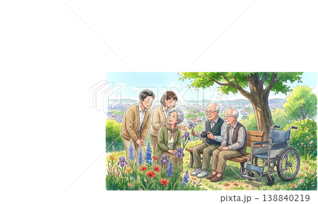 高齢者と家族のふれあい 介護 公園で過ごす穏やかな時間 ベンチと車椅子のある風景 138840219