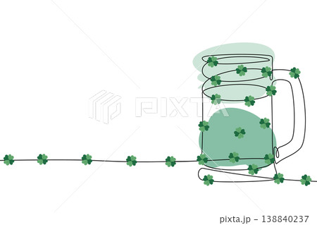 Garland of quatrefoils formed ale mug with spots like drink and foam Continuous line minimal design. Isolate Vector illustration St Patrick Day Greetings Themed Cards Copy space Template Banner Format Garland of quatrefoils formed ale mug with spots like drink and foam Continuous line minimal design. Isolate Vector illustration St Patrick Day Greetings Themed Cards Copy space Template Banner Format 138840237