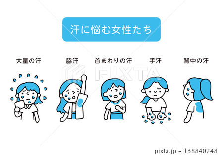 さまざまな汗の症状に悩む女性たちのイラストセット 138840248