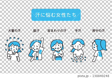 さまざまな汗の症状に悩む女性たちのイラストセット 138840248