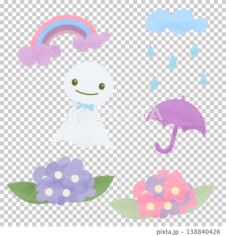 可愛的水彩風格雨季插圖：手繪的晴天娃娃、繡球花、彩虹和雨傘。 138840426