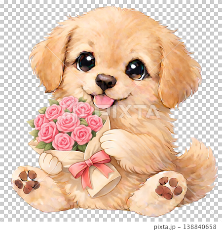 An illustration of a golden retriever holding a bouquet of roses. 138840658