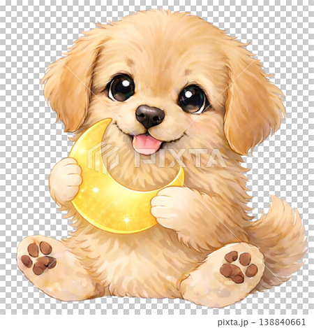 An illustration of a golden retriever holding a crescent moon. 138840661