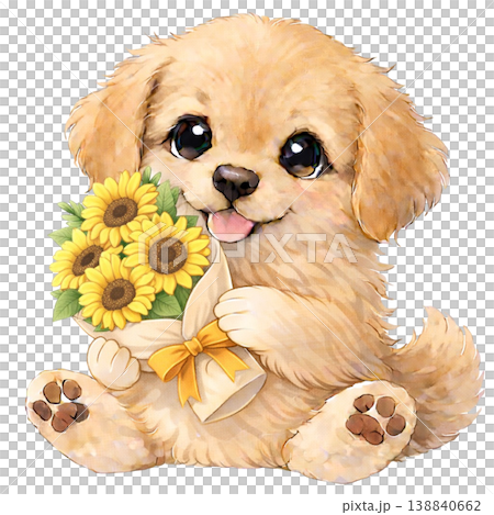 【夏】ひまわりの花束を持ったゴールデンレトリバーのイラスト 138840662